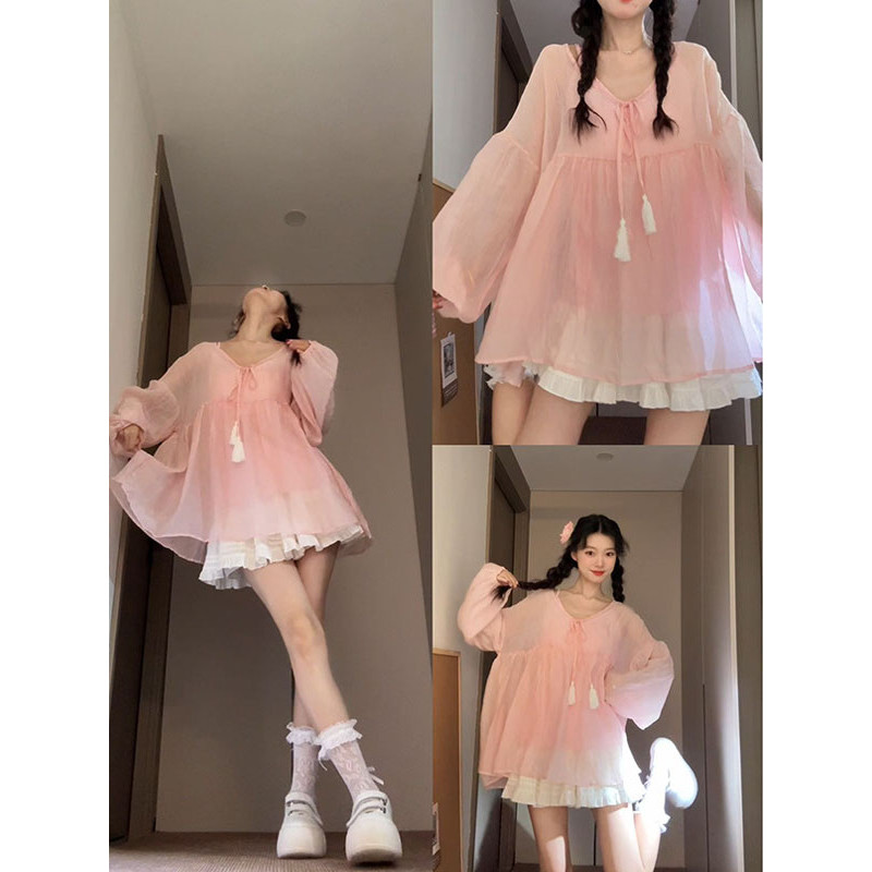 Tamanho grande gordura mm francês doce rosa camisa do bebê feminino início do outono Design sentido rendas solto mais ma