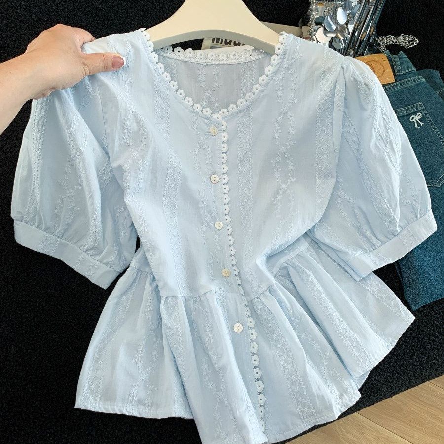 Francês estilo suave renda Jacquard manga bufante camisa feminina Design sentido cintura estreita mais magro olhar camis