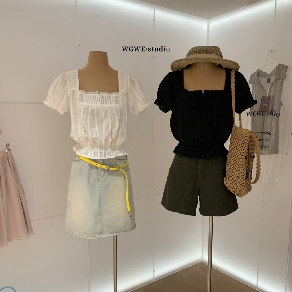 WGWE estilo doce Design francês sentido pescoço quadrado manga bufante camisa de renda feminina 2026 verão cintura estre