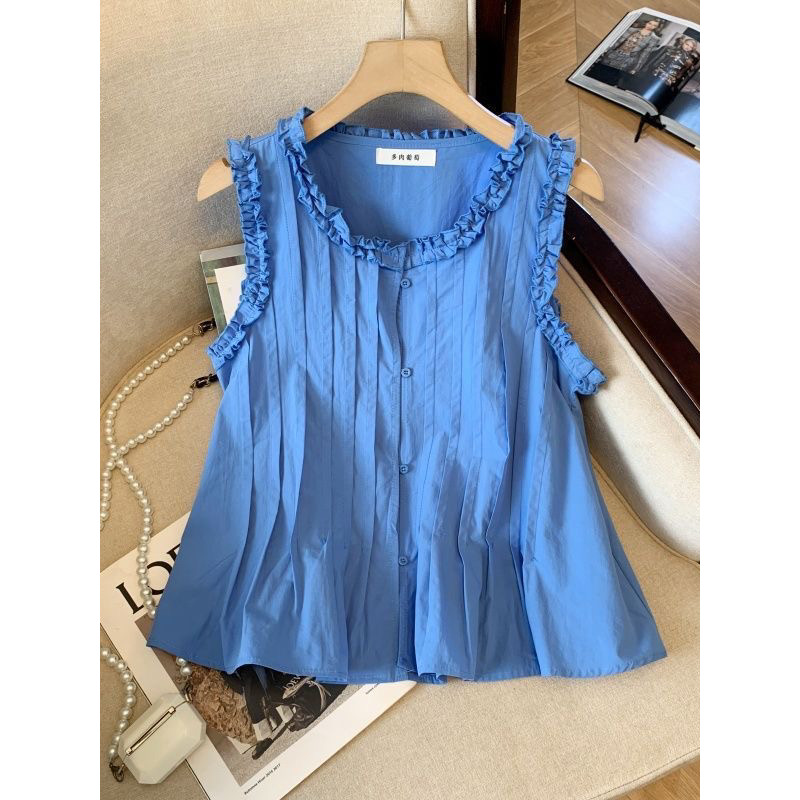 Design sentido fungo renda plissada colete camisa feminina verão novo estilo fino-ajuste mais magro olhar camisa chique