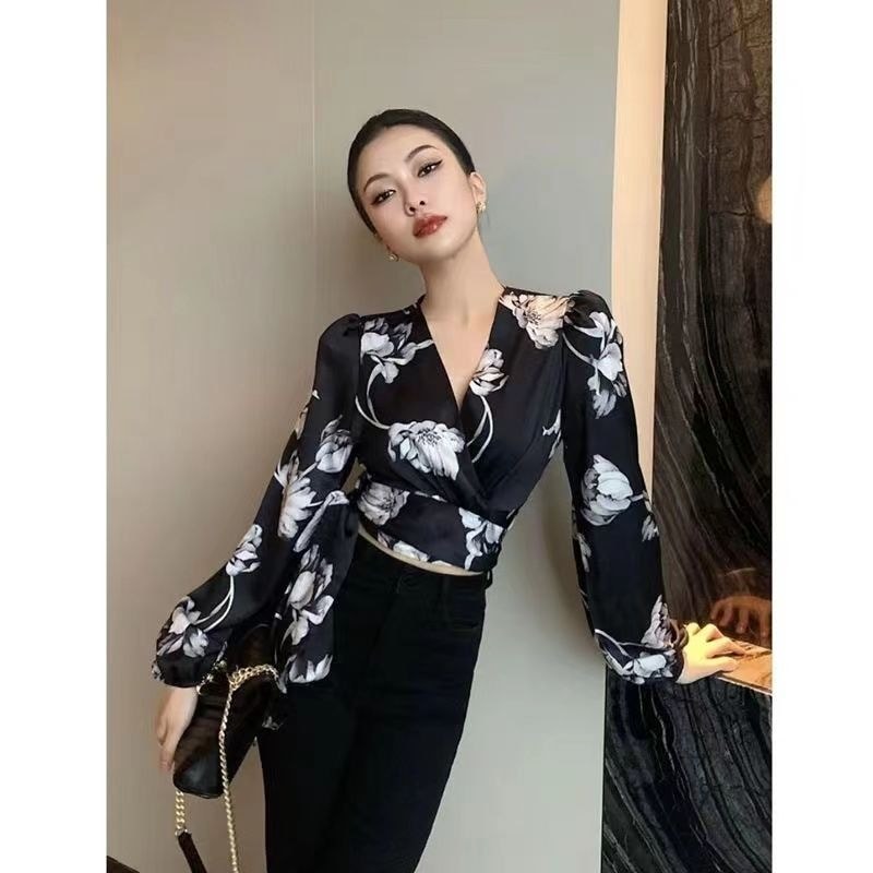 Lanterna manga primavera Chiffon camisa impressa camisa interna feminina mais magro olhar rendas Design sentido profissi