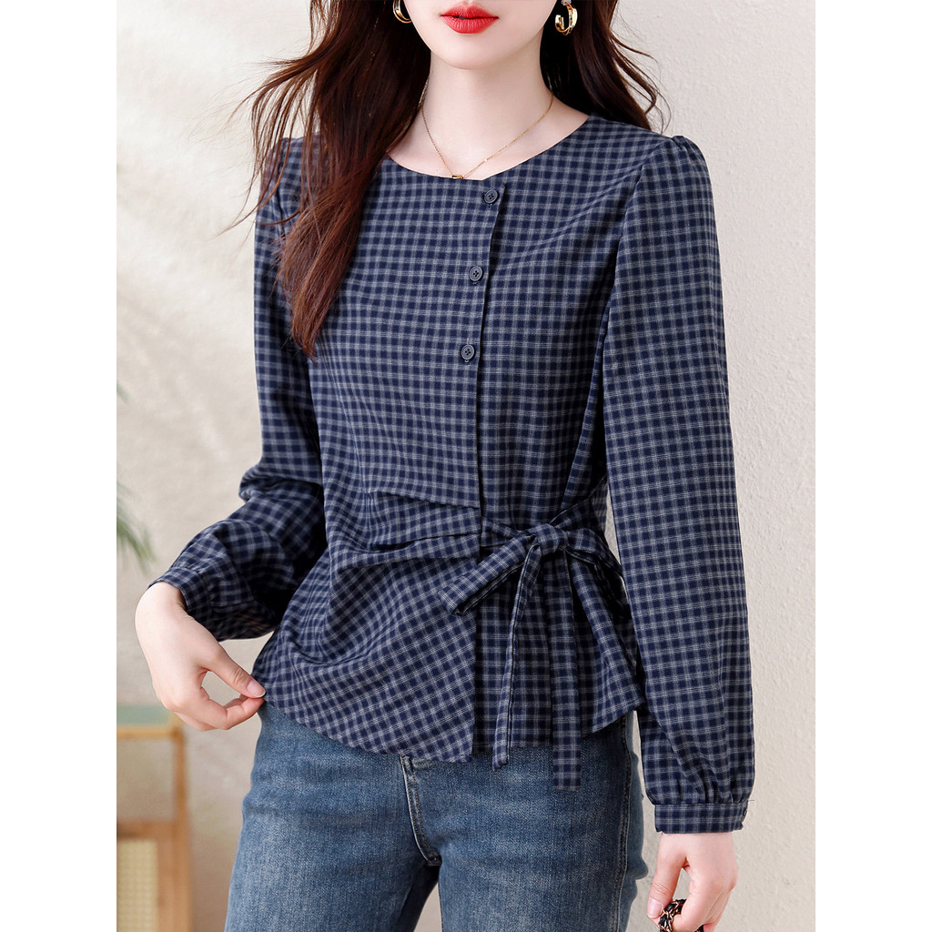 Retro xadrez camisa de manga comprida senhoras outono novo estilo Design sentido rendas-Up cintura estreita pequena cami