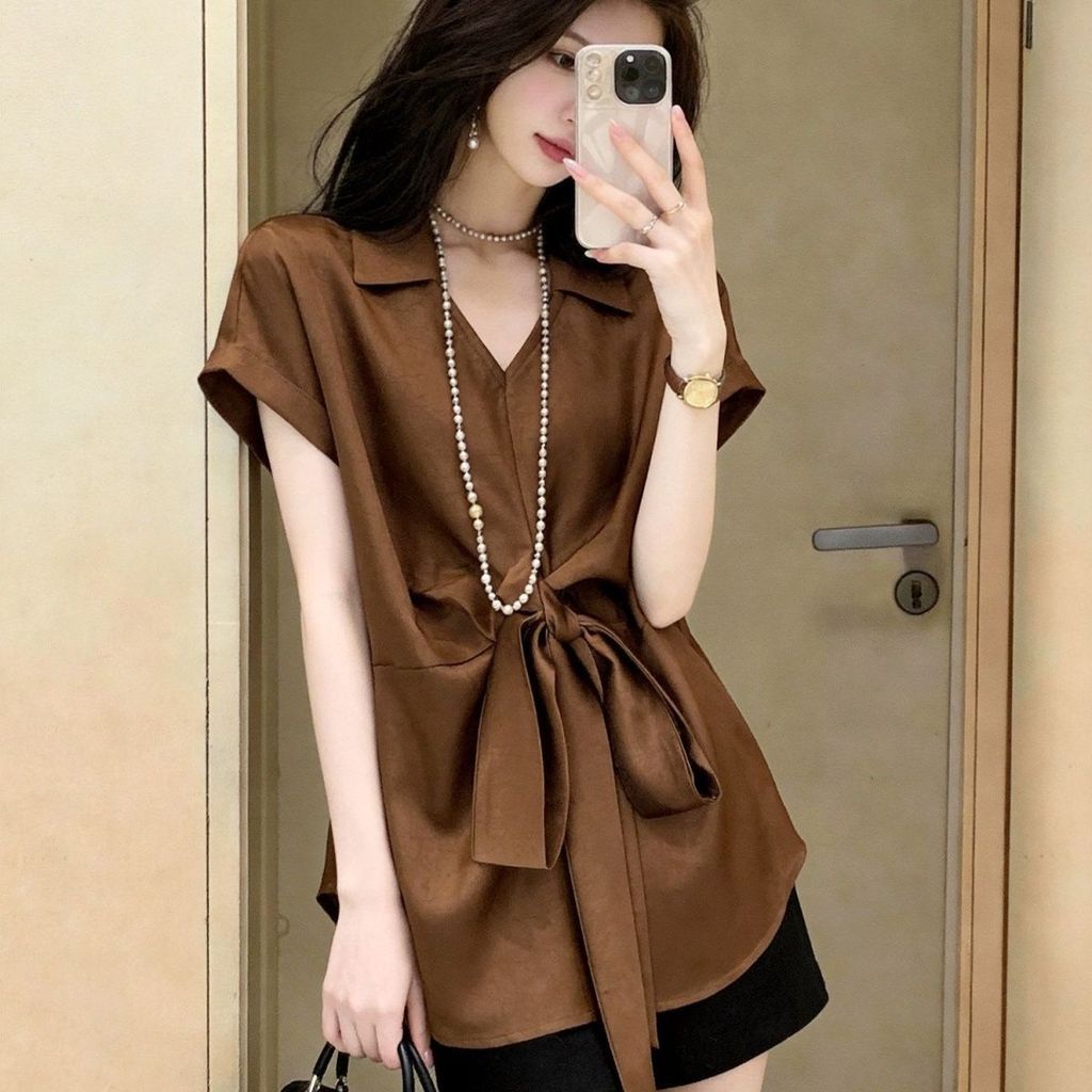 Bens europeus High-End sentido rendas café cor lapela camisa feminina 2026 verão novo estilo Design sentido mais magro o