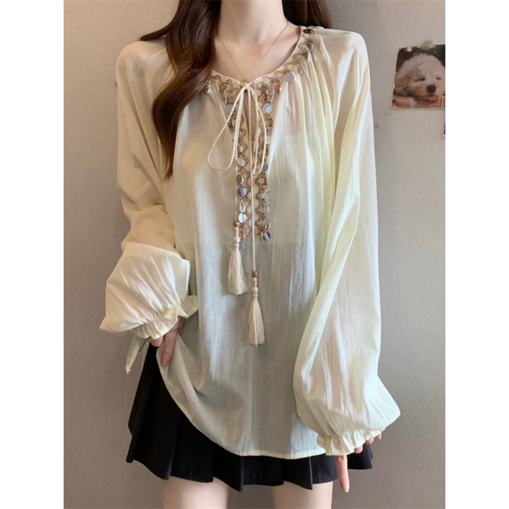 Design sentido lanterna manga com decote em V camisa de renda feminina outono Plus Size ligeiramente gordo mm redução de