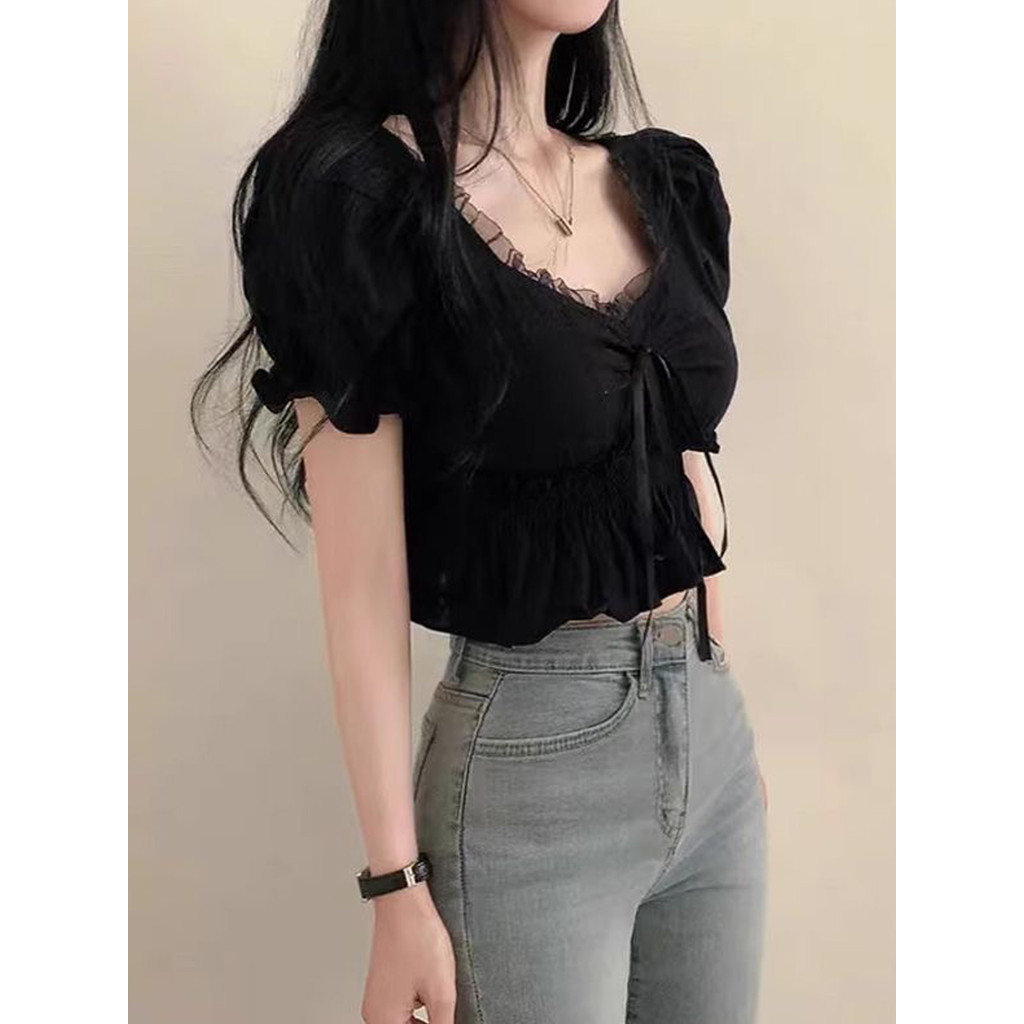 Camisa de costura de renda francesa feminina verão novo estilo cintura estreita mais magro olhar Design sentido rendas m