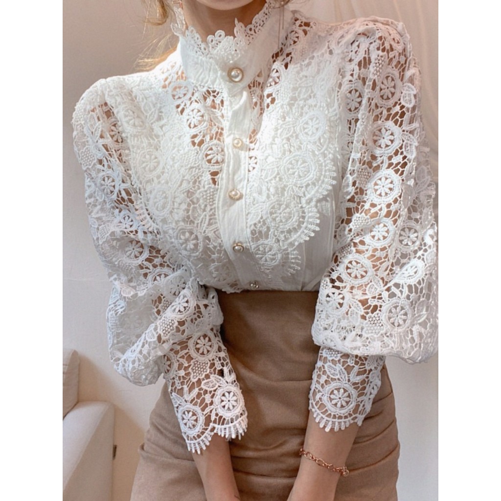 Coreia coreana chique outono inverno Retro francês pequena camisa Design sentido tribunal estilo topo renda gola alta ca