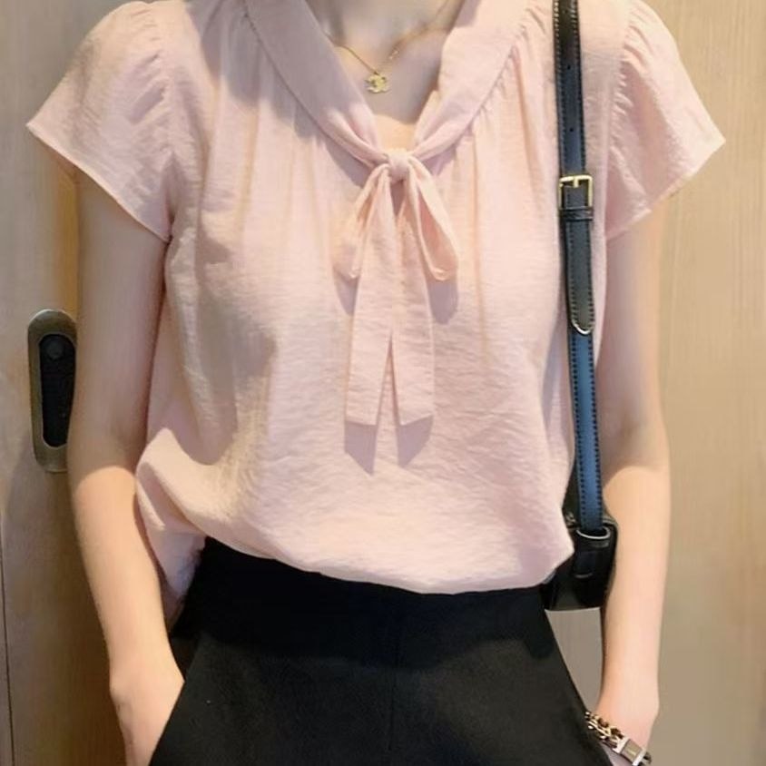 Camisa de manga curta rosa feminina design sentido nicho método High-End sentido rendas design sentido pulôver topo femi