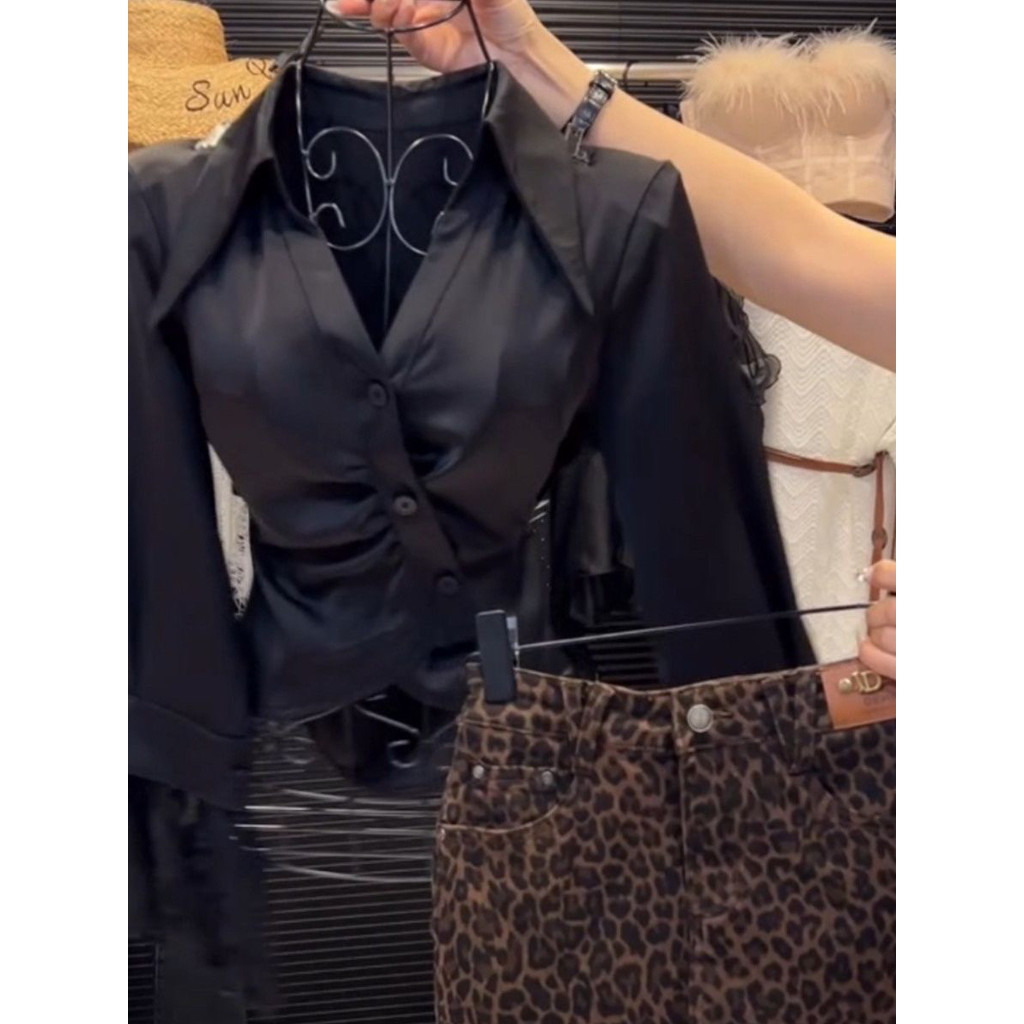 2025 novo estilo renda costura lapela camisa de manga comprida feminina High-End sentido cintura estreita mais magro olh