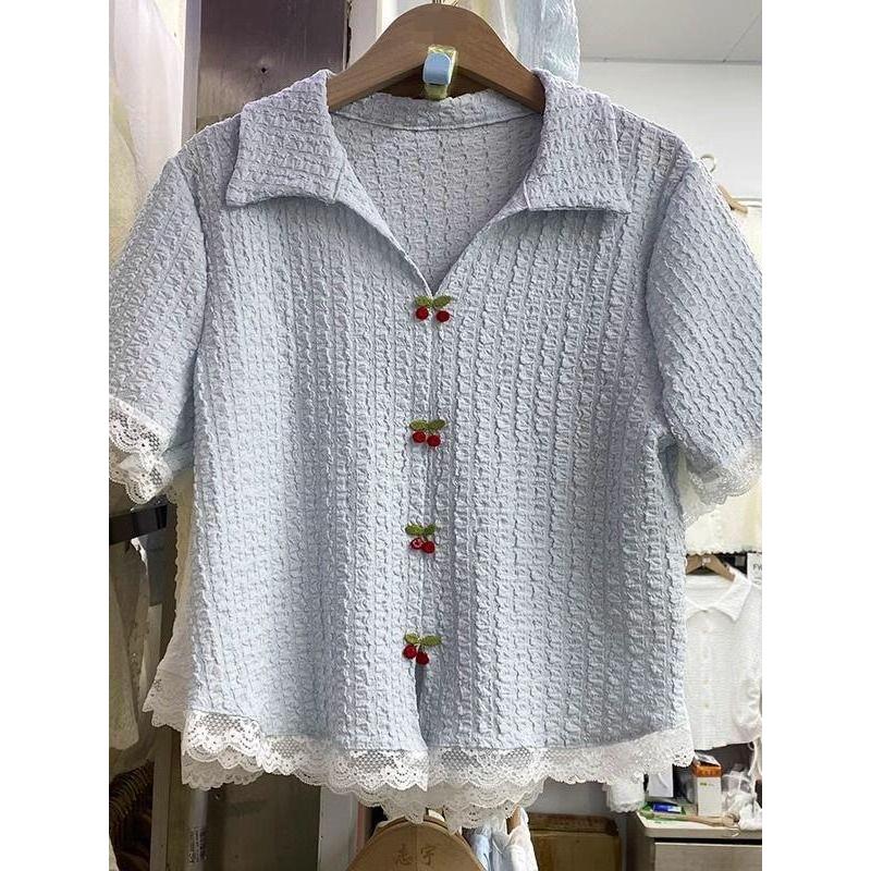 Design sentido renda costura lapela camisa de manga curta feminina 2025 primavera verão novo estilo Casual fino-ajuste A