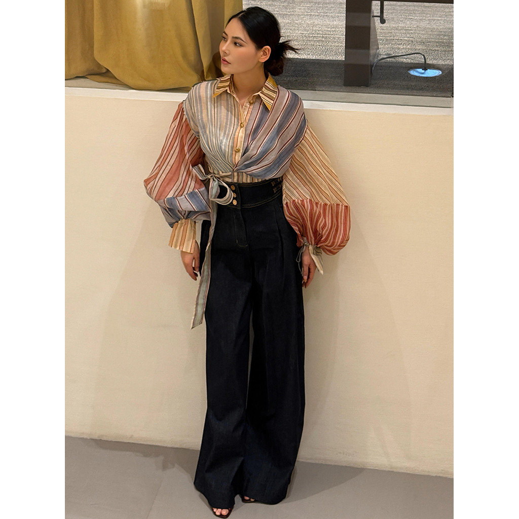 Design sentido estilo coreano primavera estilo Retro listrado lanterna manga camisa feminina solta rendas cintura estrei