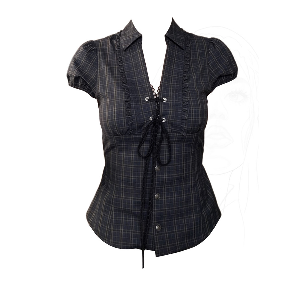 Americano lapela renda rendas rendas preto xadrez topo feminino verão Design sentido crochê mais magro olhar camisa Retr