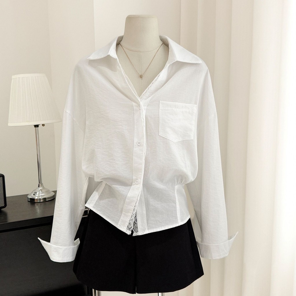 Polo colarinho renda cintura estreita magro-ajuste Cardigan camisa feminina 2026 primavera novo estilo Design sentido cr