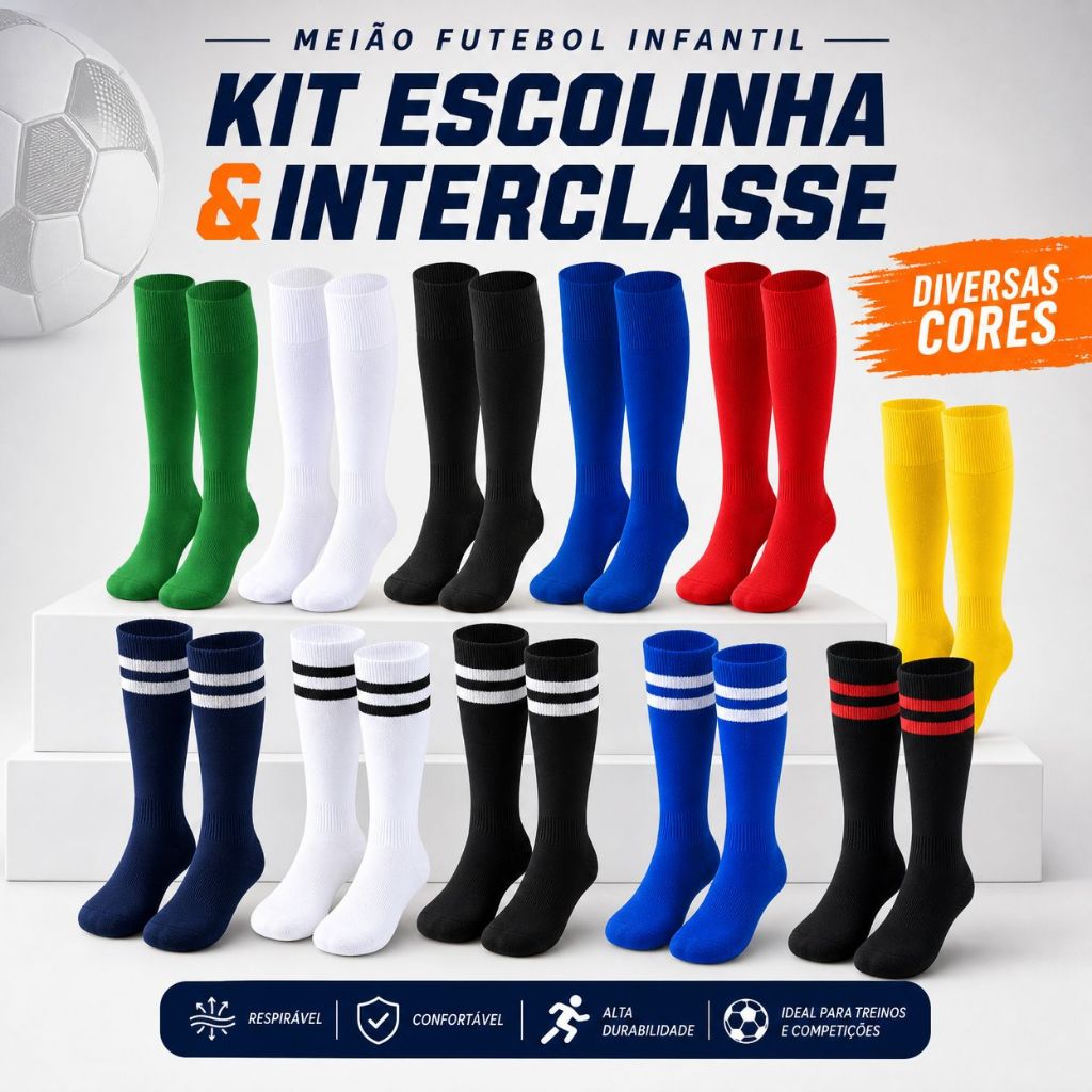 Meião Futebol Infantil | Kit Escolinha & Interclasse | Personalizado Atacado | Diversas Cores | Unissex | Conforto