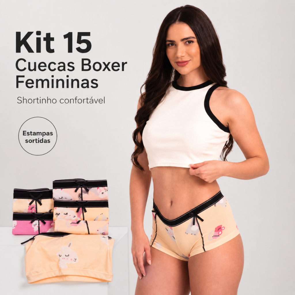 Kit 15 Cuecas Boxer Femininas Shortinho Adulto Confortável Cós Elástico Uso Diário Atacado Revenda