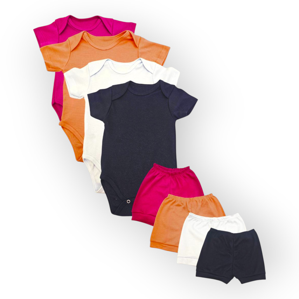 Pacote 4 Conjuntinho Shorts e Bodie Bebe Menina Cores Lisa Algodão Conforto Atacado