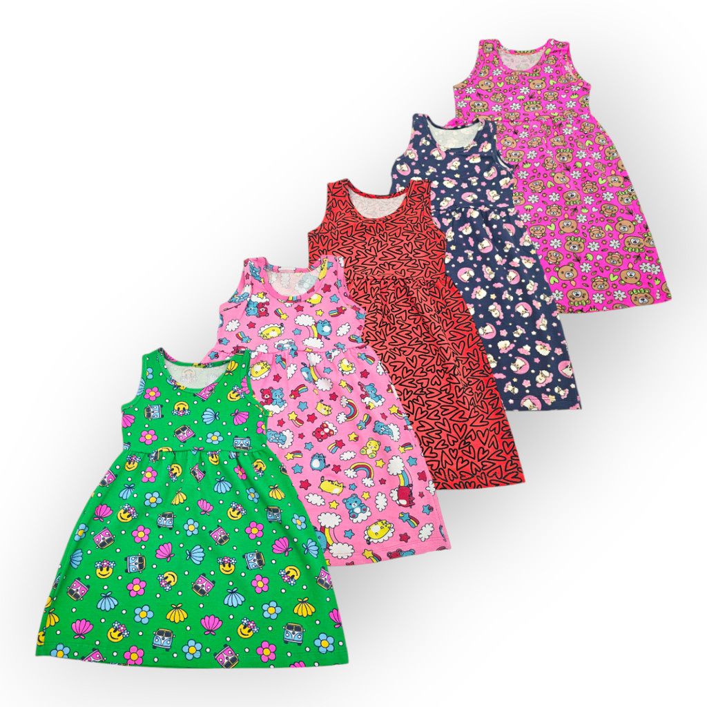 Kit 5 Vestidos Algodão Colorido Sem Manga RegataFresco Menina Conforto Verão Calor Atacado