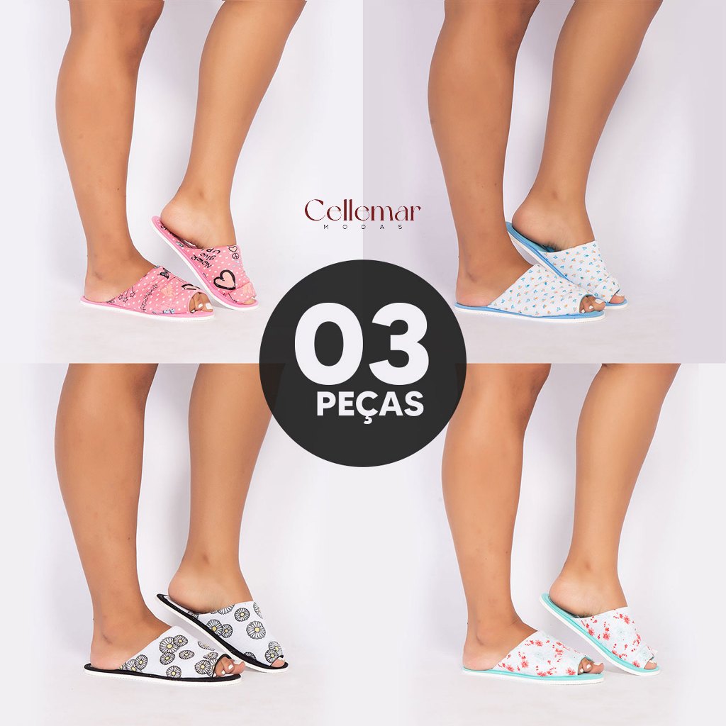 Kit 3 Pantufa Chinelo Feminino Conforto de Quarto  Aberto em Malha Estampada Atacado D'ocê Modas