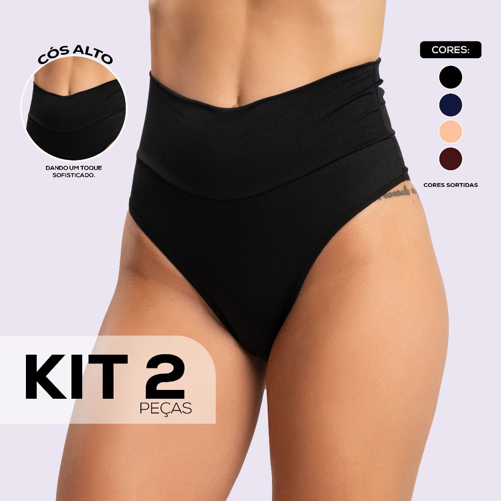 Kit 2 Calcinhas Cós Alto Duplo Feminina Atacado Tanga em Microfibra Lisa Conforto Sensual Dyeu Modas