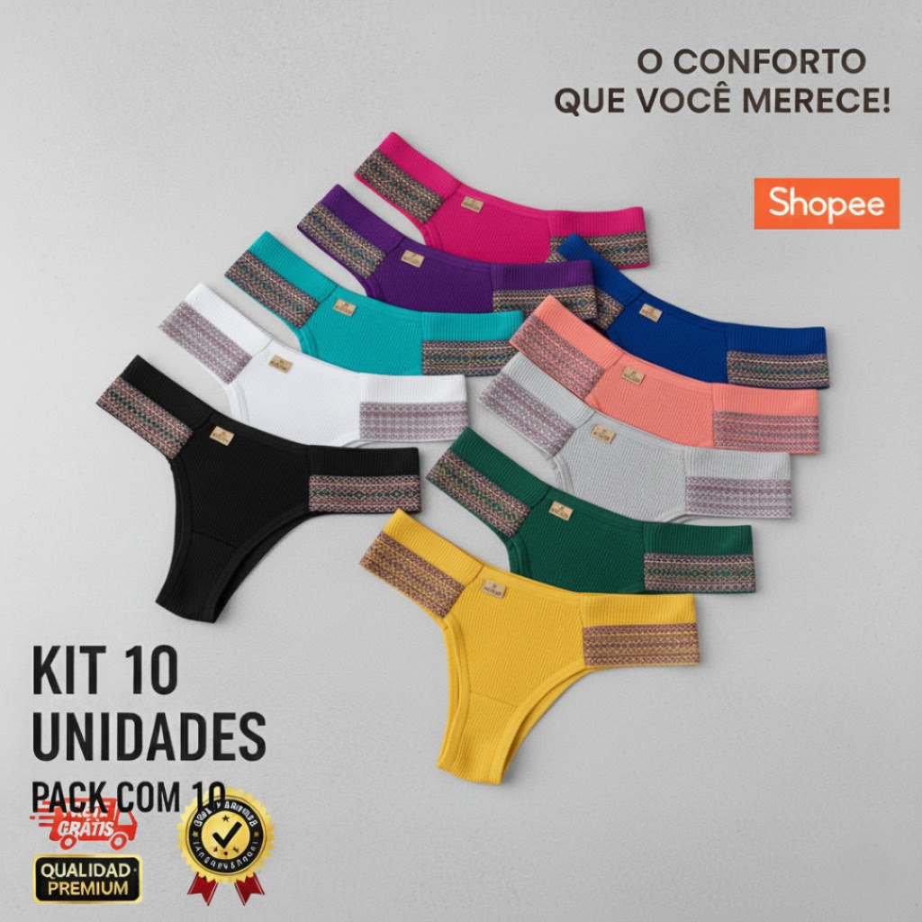 Kit de Calcinhas Algodão Conforto Diário Feminina Cós Largo Cores Sortidas Atacado Revenda Moda Íntima Pura Pele Premium