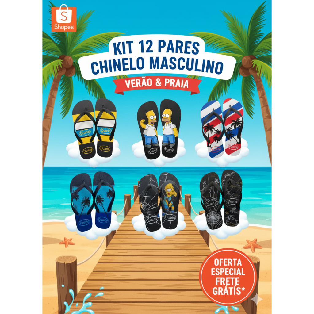Kit 12 Pares de Chinelo Masculino Adulto Atacado - RevendaKit 12 Pares de Chinelos Masculinos – Conforto e Estilo para T