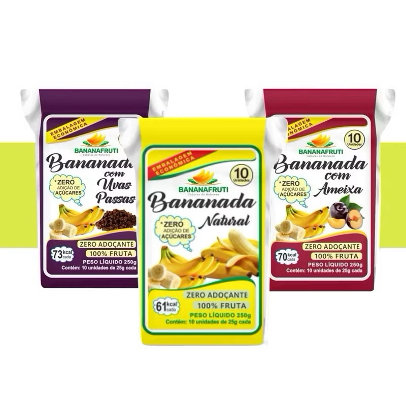Kit 3 Bananada Fruti zero açucar 200g Natural, Ameixa e Uva Passas