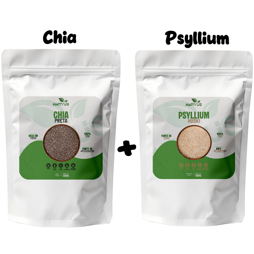 Chia Preta + Psyllium Huski Combo Premium 100% Natural  - 1KG - 500g - 200g