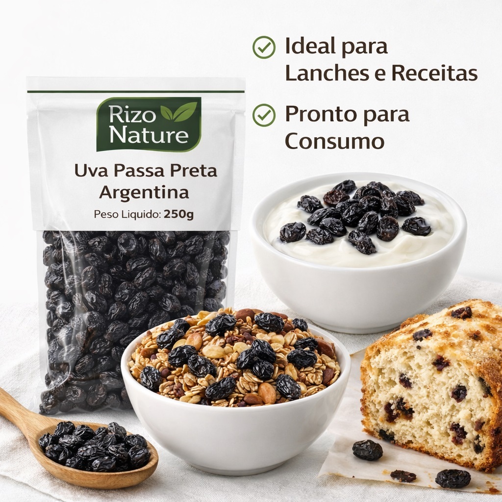 Uva Passa Preta Sem Semente | Macia e Selecionada | Sabor Natural | 100g 200g 500g 1kg | Rizo Nature