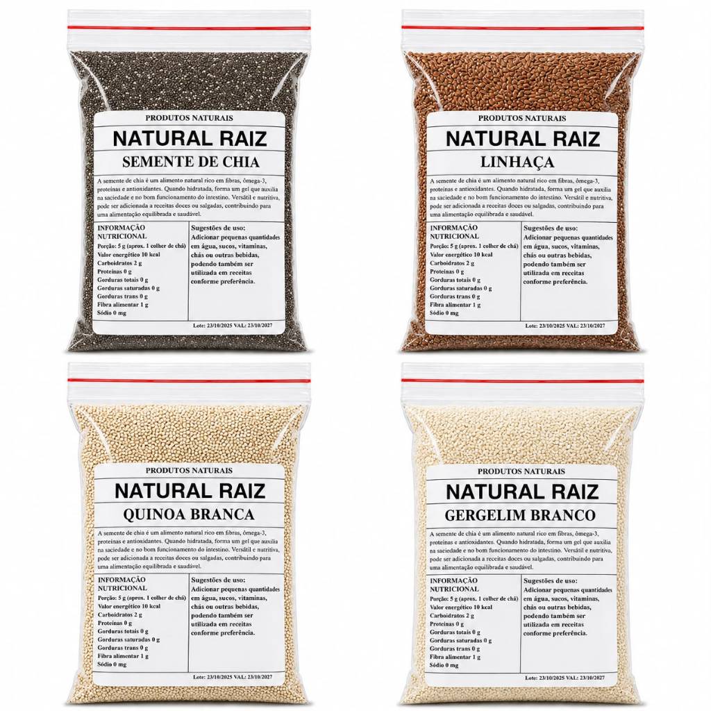 Kit Sementes Naturais Linhaça, Chia, Quinoa e Gergelim 200g De Cada Produtos Novos Excelentes