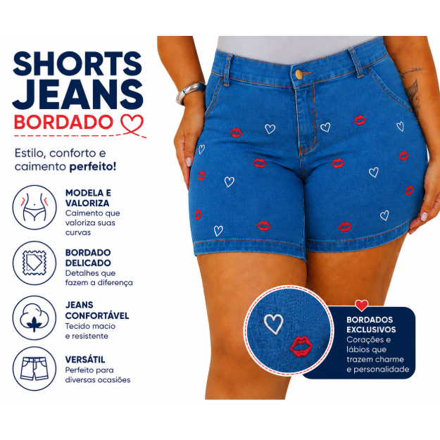 Short Jeans Feminino Cintura Alta Bordado Com  Lycra Levanta Bumbum Plus Size