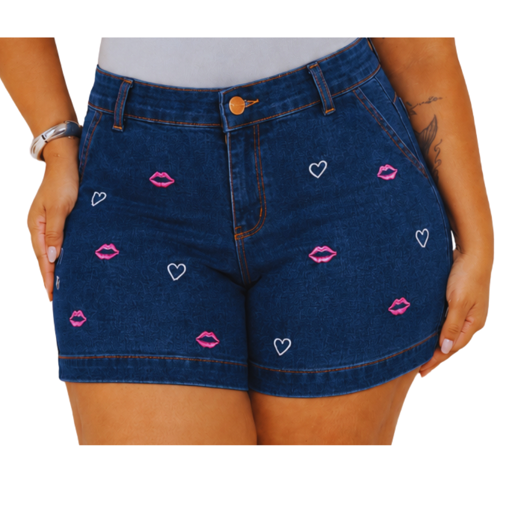 Shorts Jeans Feminino Plus Size Cintura Alta Com Lycra Levanta BumBum Bordado