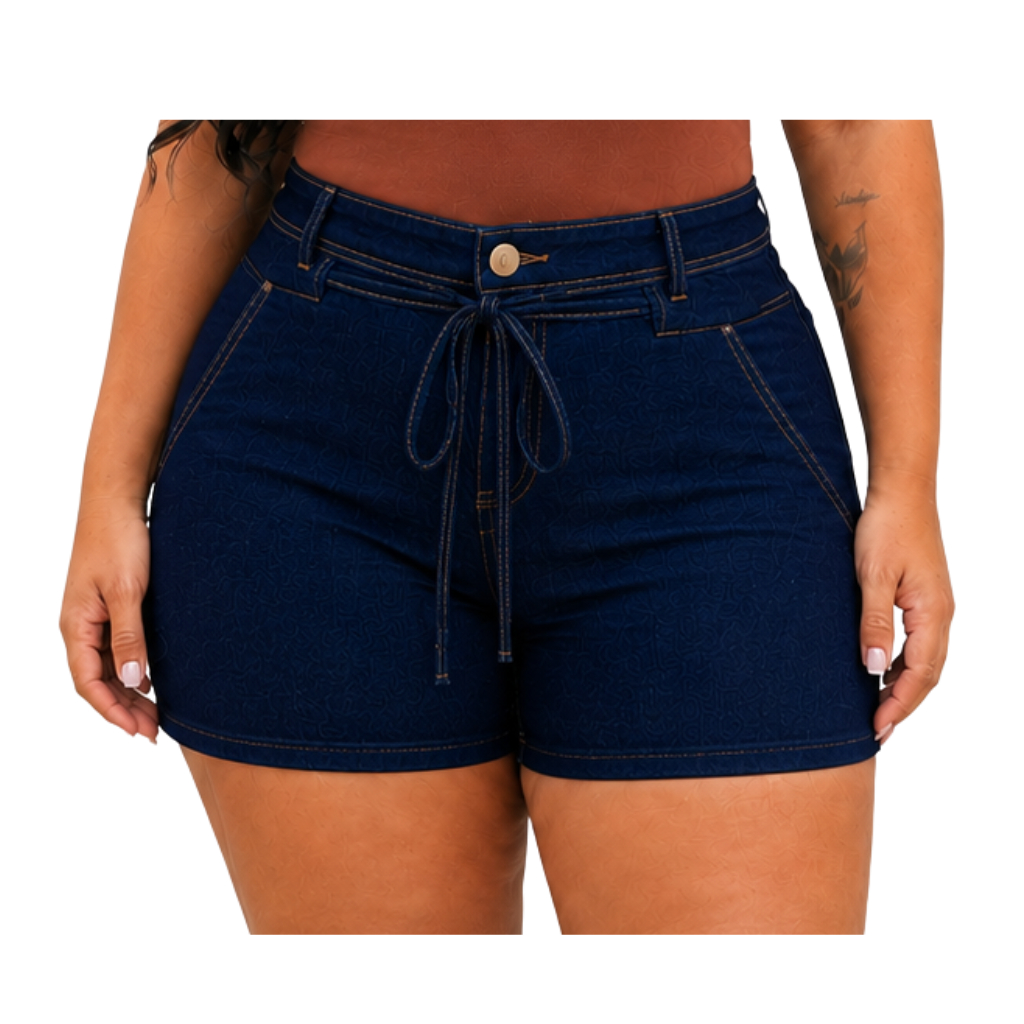 Short Jeans Plus Size Feminino Cintura Alta com Lycra  Levanta Bumbum Com Laço