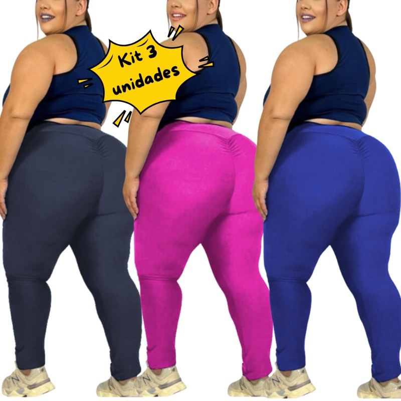 Kit 3 Leggings Curves Plus Size Calça Levanta Bumbum Modeladora em Suplex Premium Sem Transparência