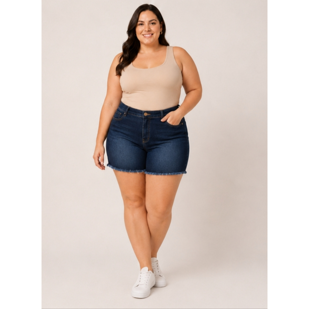 Short Jeans Feminino Plus Size meia Coxa Cintura Alta Levanta Bumbum Casual Moda Verão 48 ao 54