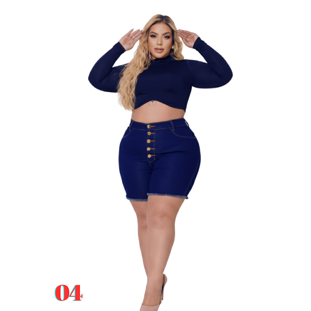 Short Jeans Feminino Plus Size Barra Desfiada  Levanta Bumbum Premier Curve