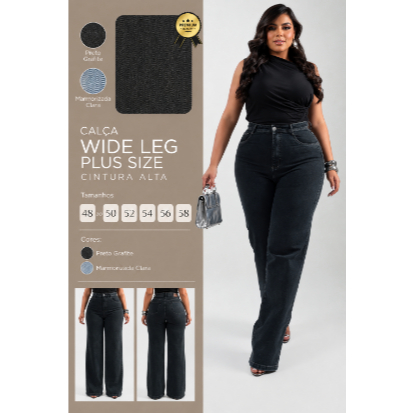 CALÇA WIDE LEG COM LYCRA PLUS SIZE PREMIUM CINTURA ALTA MODELADORA LEVANTA BUMBUM