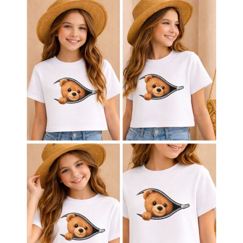 Camiseta Infantil Cropped Ursinho Saindo Do Ziper Estampa Fofa Premium Moda Fashion Mini Diva Tendência Verão Streetwear