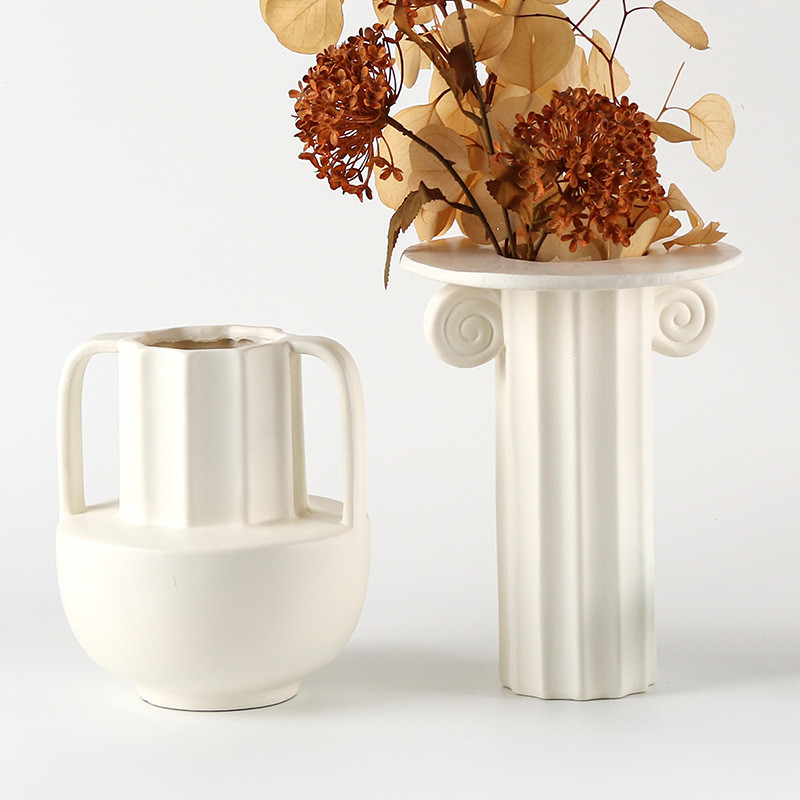 Vintage Creative European Roman Column Vase with Double Handles, Artistic Flower Container, Designer Decoration for Mode