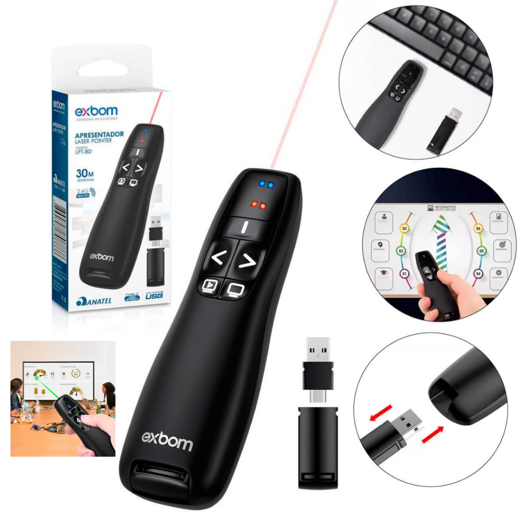 KIT APRESENTADOR PASSADOR DE SLIDES LASER ALCANCE 200M 2.4G CONTROLE 30M ALCANCE PROFISSIONAL RECEPTOR USB Wireless