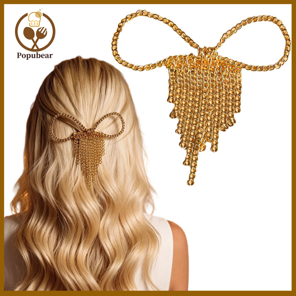 Bow Chain Hair Clip Lightweight Decorative Metal Bowknot with Short Tassel – Stylish Ponytail Holder Hairpin for Women