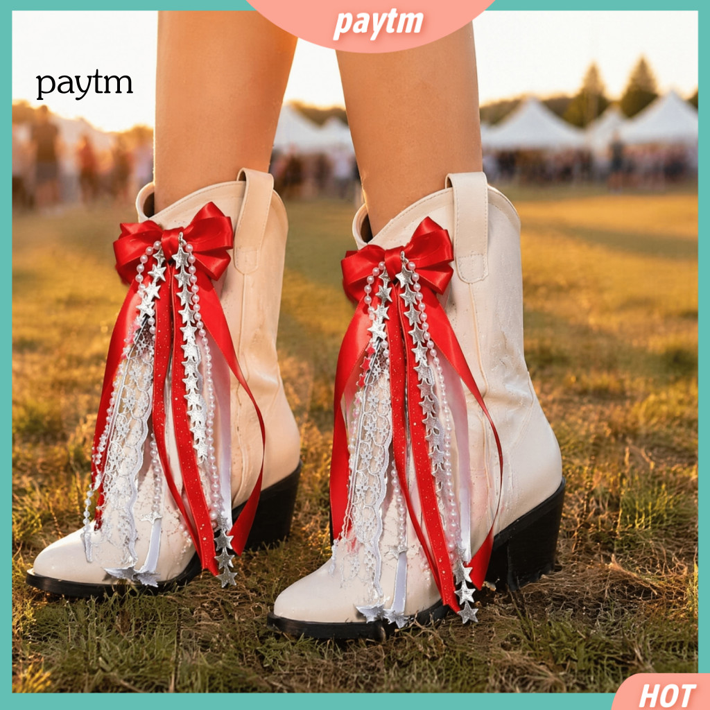 Decorative Ribbon Bow Satin Boot Embellishments 1 Pair Charms with Faux Pearl Star Chain Cowgirl Accessories for Women f