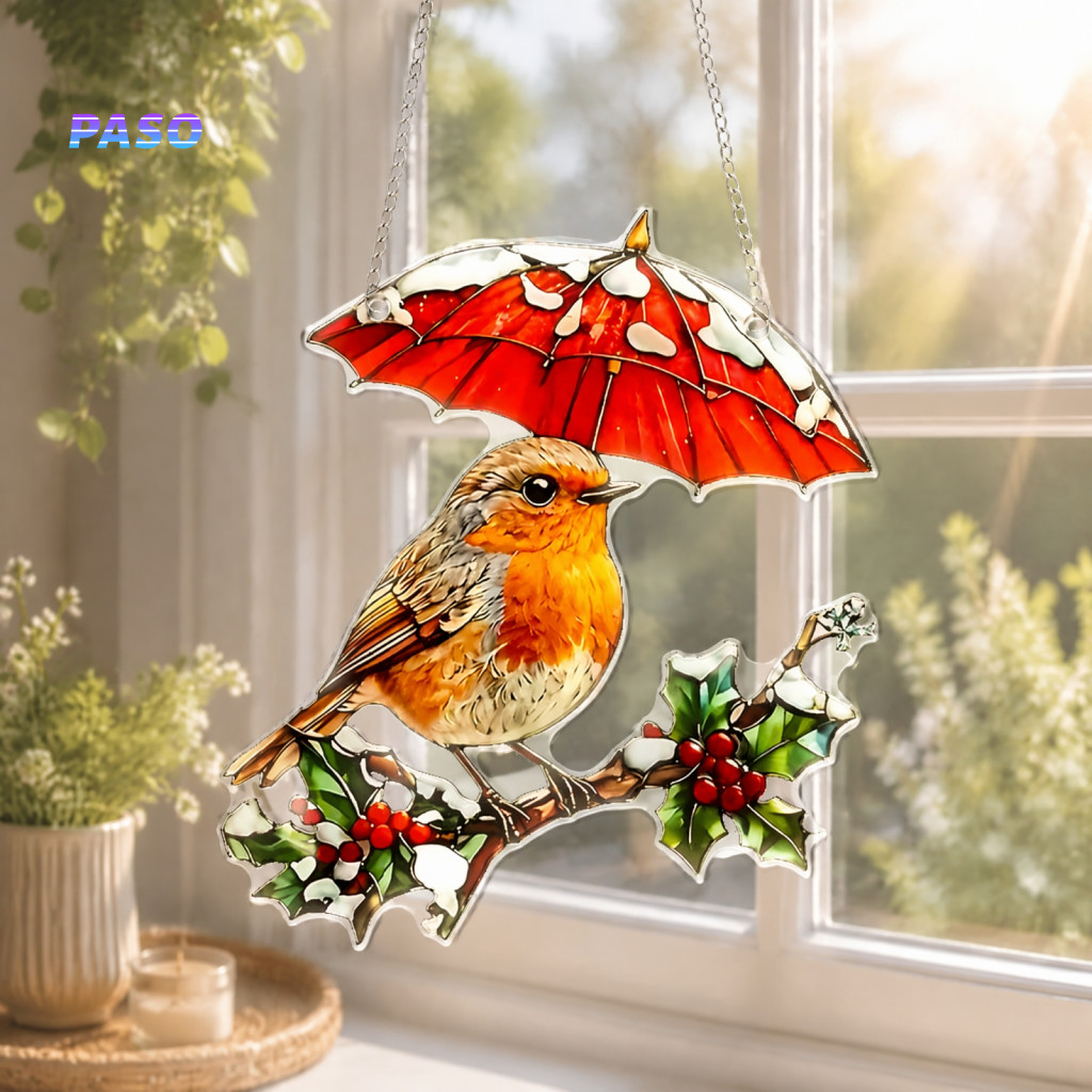 Decorative Hanging Bird Pendant Acrylic Holiday Decorations Ornament Stained Glass Style Double-sided with Metal Chain f