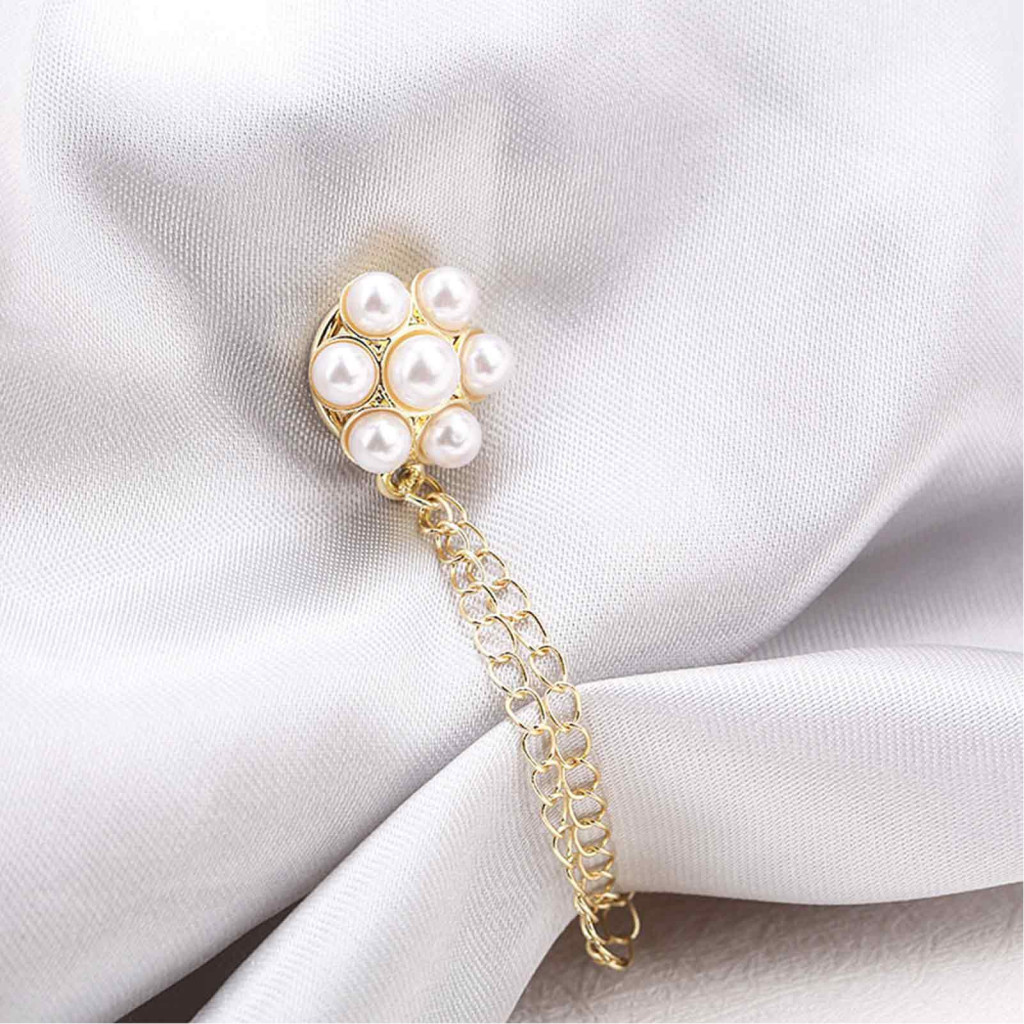 Faux Pearl Flower Magnetic Clothing Pin – Adjustable Shirt Hem Pants Leg Clip Decorative Button with Chain for Easy Cl