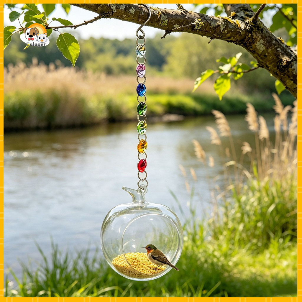 Faux Chain Bird Feeding Station Glass Pear Feeder with Metal Hanging – Decorative Wild for Garden Patio Backyard Durab
