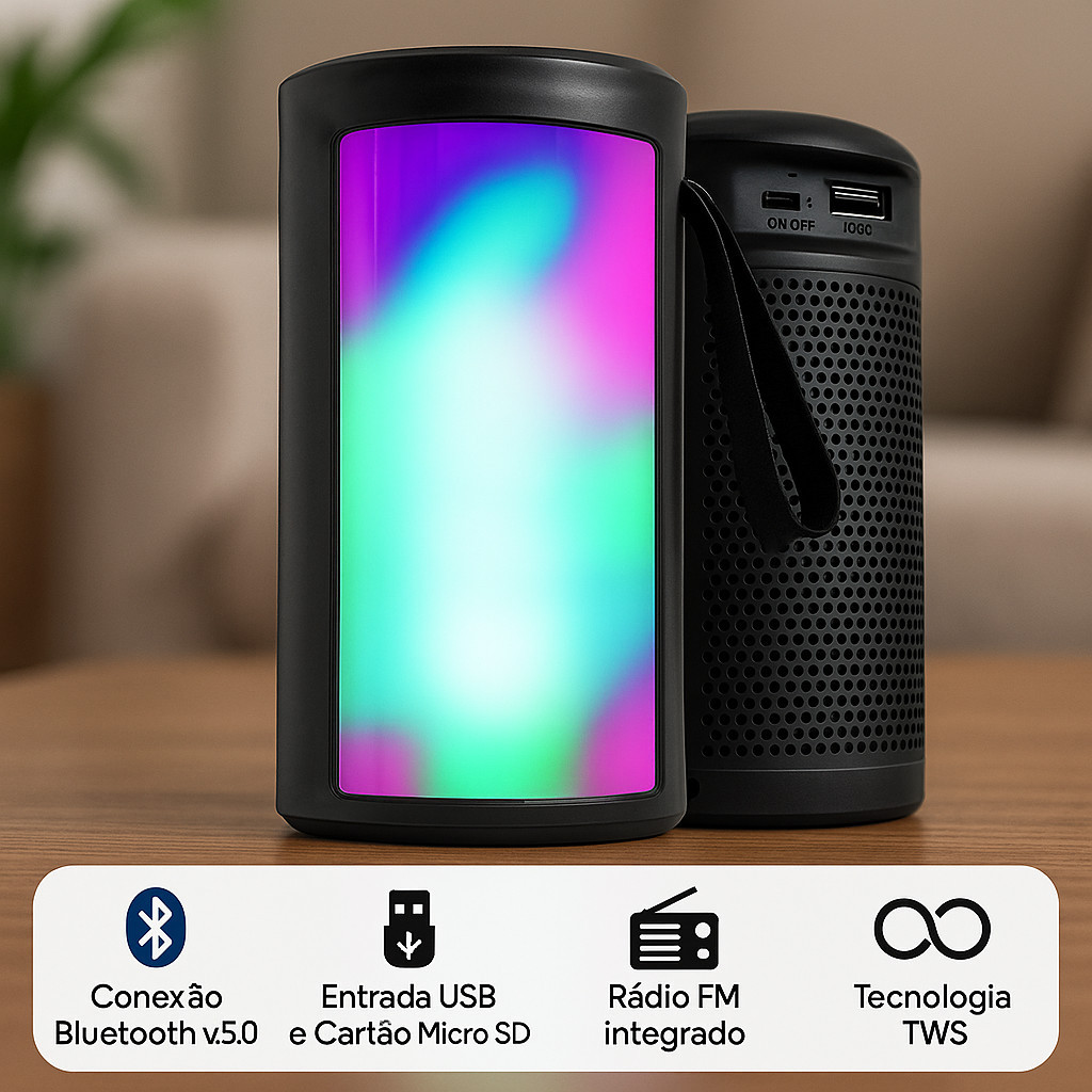 Caixa De Som Bluetooth Conexão TWS Som Stereo Amplificado LED RGB Radio FM Cartão SD USB