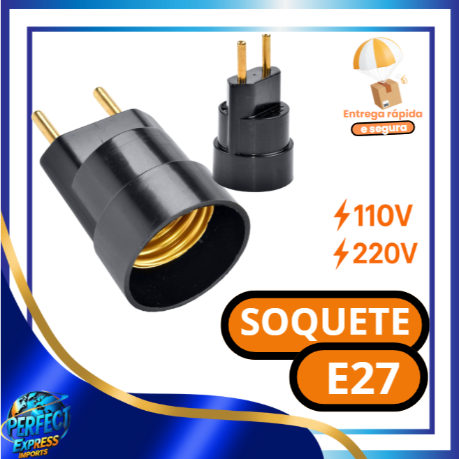 Soquete Pino Bocal Porta Lâmpada Adaptador E27 Pvc Tomada Preto Bivolt