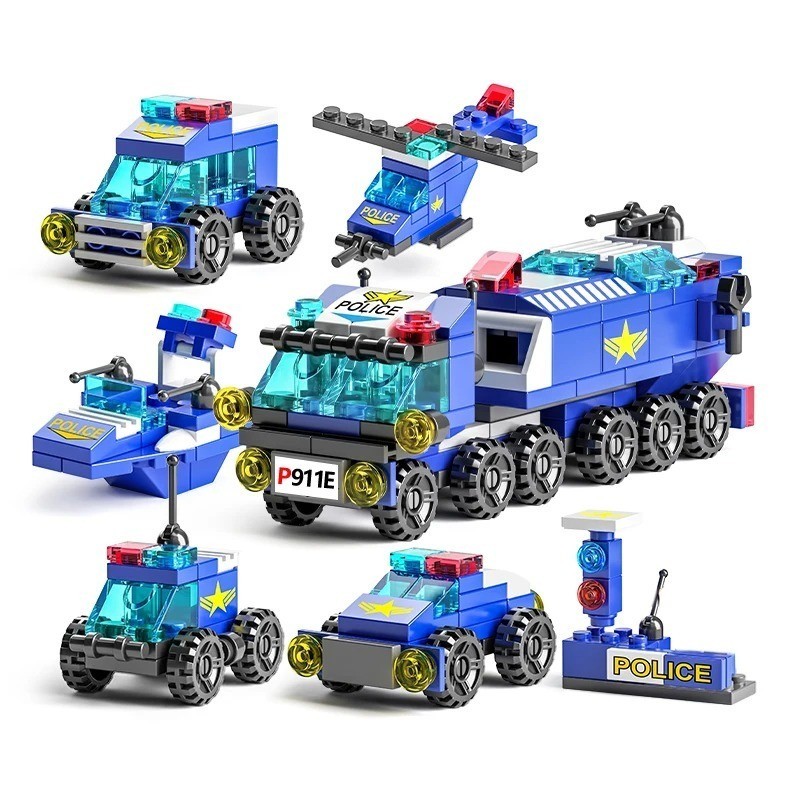 Brinquedo Blocos de Montar 7 em 1 Diversos Modelos Policia Bombeiro Aviao Foguete