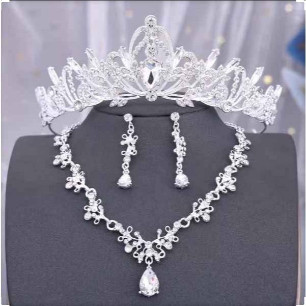 Conjunto Elegante de Colar, Brincos e Tiara com Coroa Real Europeia - Design Brilhante com Strass e Tonalidade PRATA