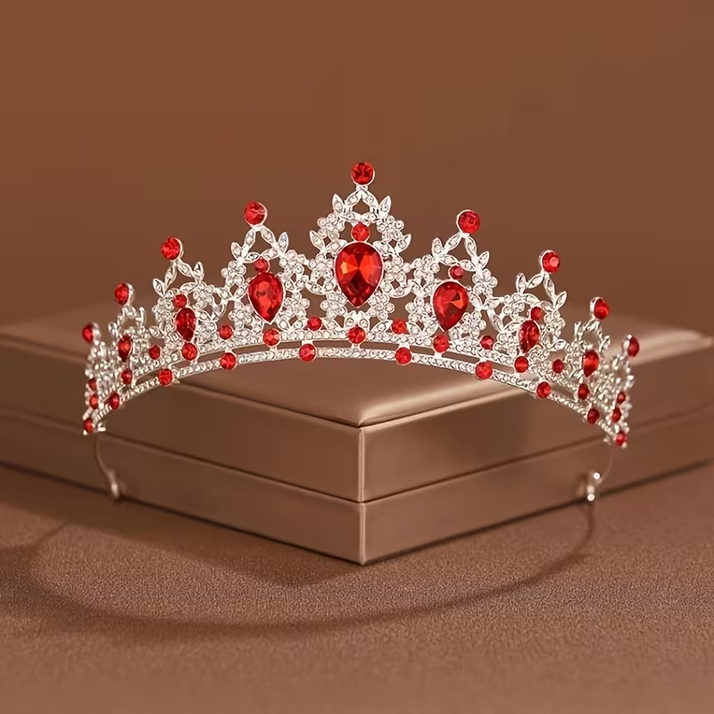Coroa de princesa nupcial elegante prateada e vermelha - Acessório com pedras preciosas Para Formaturas