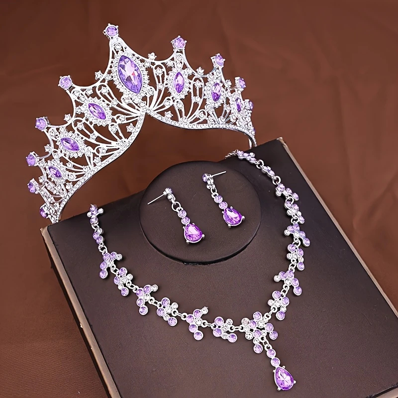 Conjunto de 3 peças de coroa ROXA, colar e brincos elegantes em rosa com strass - Acessórios noiva em cristal brilhante