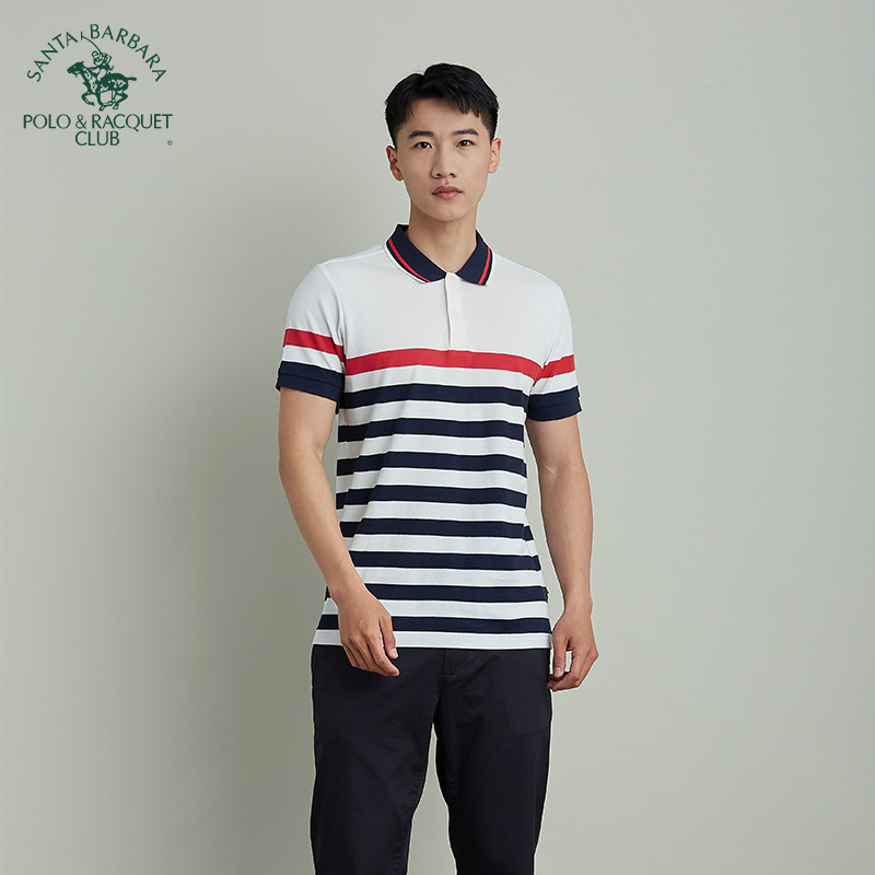 Saint Paul Camisa Polo masculina de algodão puro verão listrada de manga curta com absorção de umidade lapela Casual sol